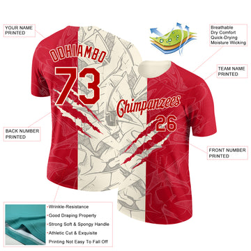 Custom Graffiti Pattern Red-Cream Scratch 3D Performance T-Shirt