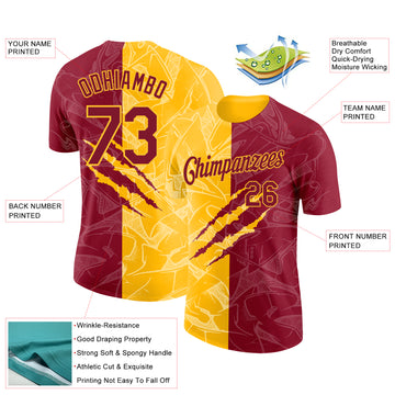 Custom Graffiti Pattern Crimson-Gold Scratch 3D Performance T-Shirt