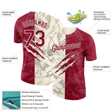 Custom Graffiti Pattern Crimson-Cream Scratch 3D Performance T-Shirt