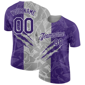 Custom Graffiti Pattern Purple Gray-White Scratch 3D Performance T-Shirt