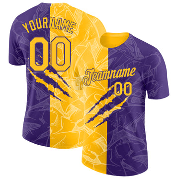 Custom Graffiti Pattern Gold-Purple Scratch 3D Performance T-Shirt