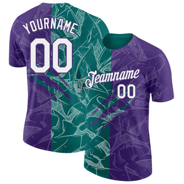 Custom Graffiti Pattern White Purple-Teal Scratch 3D Performance T-Shirt