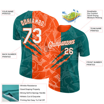 Custom Graffiti Pattern White Teal-Orange Scratch 3D Performance T-Shirt