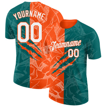 Custom Graffiti Pattern White Teal-Orange Scratch 3D Performance T-Shirt