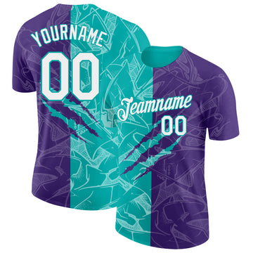 Custom Graffiti Pattern White Purple-Aqua Scratch 3D Performance T-Shirt