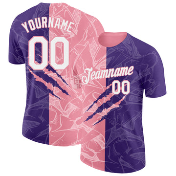 Custom Graffiti Pattern White Purple-Medium Pink Scratch 3D Performance T-Shirt