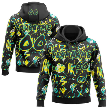 Custom Graffiti Pattern Black Aqua-Light Yellow Emoji Brush Stroke Splatter Pullover Sweatshirt Hoodie