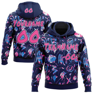 Custom Graffiti Pattern Pink Navy-White Emoji Brush Stroke Splatter Pullover Sweatshirt Hoodie