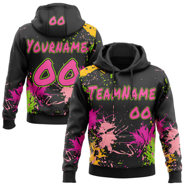 Custom Graffiti Pattern Pink Black-Neon Green Paint Splatter Pullover Sweatshirt Hoodie