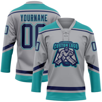 Custom Gray Navy-Teal Hockey Lace Neck Jersey