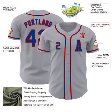 Custom Gray Royal-Red Authentic Baseball Jersey