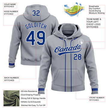 Custom Stitched Gray Royal-White Baseball Pullover Sweatshirt Hoodie