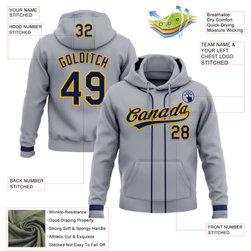 Custom Stitched Gray Navy-Gold Baseball Pullover Sweatshirt Hoodie