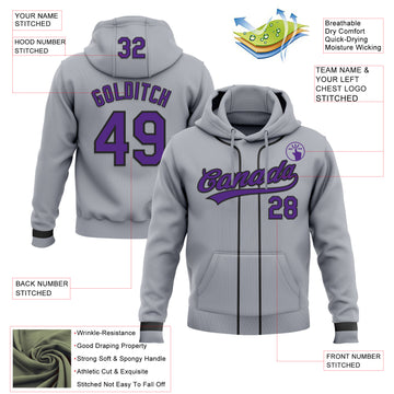 Custom Stitched Gray Purple-Black Baseball Pullover Sweatshirt Hoodie