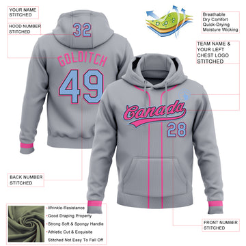 Custom Stitched Gray Light Blue Pink-Black Baseball Pullover Sweatshirt Hoodie