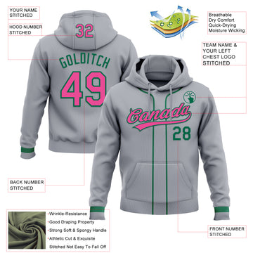 Custom Stitched Gray Pink-Kelly Green Baseball Pullover Sweatshirt Hoodie