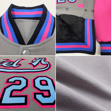 Custom Gray Light Blue Black-Pink Bomber Full-Snap Varsity Letterman Two Tone Jacket