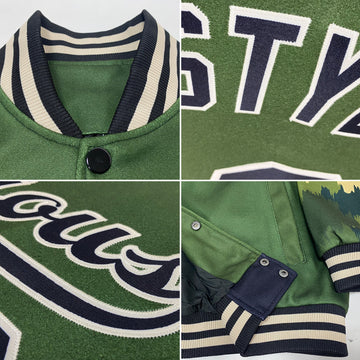 Custom Olive Black-Cream Camo Sleeves 3D Pattern Design Bomber Full-Snap Varsity Letterman Salute To Service Jacket