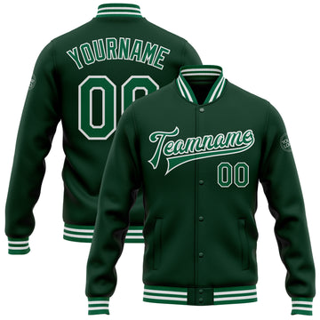 Custom Green Kelly Green-White Bomber Full-Snap Varsity Letterman Jacket