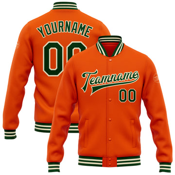 Custom Orange Green-Cream Bomber Full-Snap Varsity Letterman Jacket
