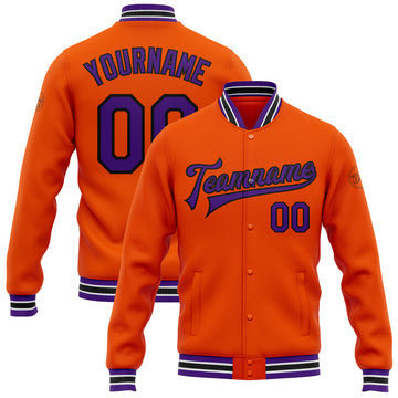 Custom Orange Purple-Black Bomber Full-Snap Varsity Letterman Jacket