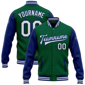 Custom Kelly Green White-Royal Bomber Full-Snap Varsity Letterman Two Tone Jacket