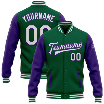 Custom Kelly Green White-Purple Bomber Full-Snap Varsity Letterman Two Tone Jacket