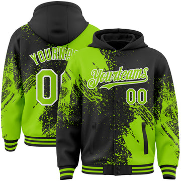 Custom Black Neon Green-White Abstract Brush Stroke 3D Pattern Design Bomber Full-Snap Varsity Letterman Hoodie Jacket