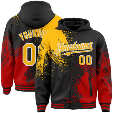 Custom Black Gold Red-White Abstract Brush Stroke 3D Pattern Design Bomber Full-Snap Varsity Letterman Hoodie Jacket