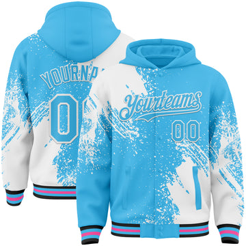 Custom Sky Blue White Black-Pink Abstract Brush Stroke 3D Pattern Design Bomber Full-Snap Varsity Letterman Hoodie Jacket