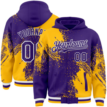 Custom Purple Gold-White Abstract Brush Stroke 3D Pattern Design Bomber Full-Snap Varsity Letterman Hoodie Jacket