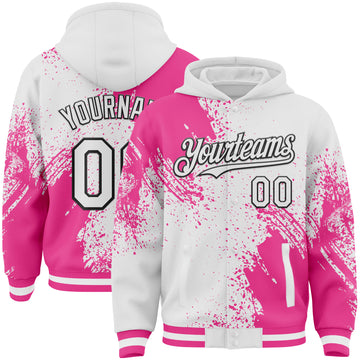 Custom White Pink-Black Abstract Brush Stroke 3D Pattern Design Bomber Full-Snap Varsity Letterman Hoodie Jacket