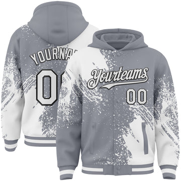 Custom Gray White-Black Abstract Brush Stroke 3D Pattern Design Bomber Full-Snap Varsity Letterman Hoodie Jacket