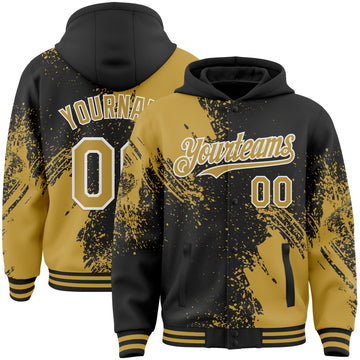 Custom Black Old Gold-White Abstract Brush Stroke 3D Pattern Design Bomber Full-Snap Varsity Letterman Hoodie Jacket