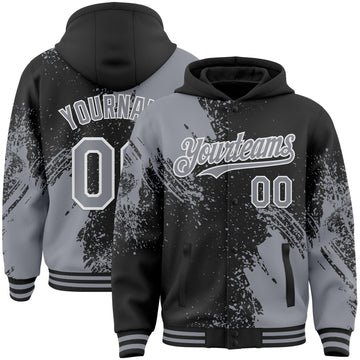 Custom Black Gray-White Abstract Brush Stroke 3D Pattern Design Bomber Full-Snap Varsity Letterman Hoodie Jacket