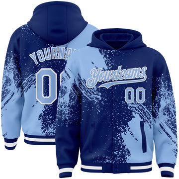 Custom Royal Light Blue-White Abstract Brush Stroke 3D Pattern Design Bomber Full-Snap Varsity Letterman Hoodie Jacket