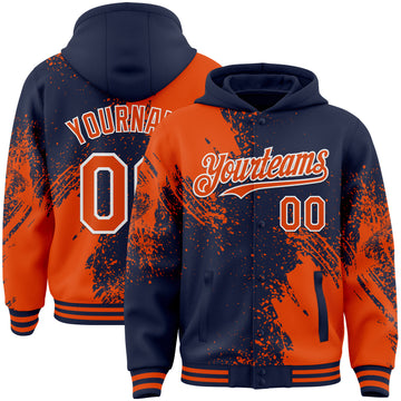 Custom Navy Orange-White Abstract Brush Stroke 3D Pattern Design Bomber Full-Snap Varsity Letterman Hoodie Jacket