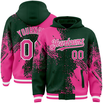 Custom Green Pink-White Abstract Brush Stroke 3D Pattern Design Bomber Full-Snap Varsity Letterman Hoodie Jacket