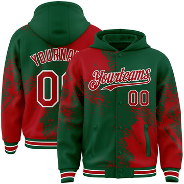 Custom Kelly Green Red-White Abstract Brush Stroke 3D Pattern Design Bomber Full-Snap Varsity Letterman Hoodie Jacket