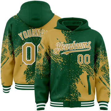 Custom Kelly Green Old Gold-White Abstract Brush Stroke 3D Pattern Design Bomber Full-Snap Varsity Letterman Hoodie Jacket