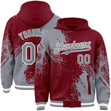 Custom Crimson Gray-White Abstract Brush Stroke 3D Pattern Design Bomber Full-Snap Varsity Letterman Hoodie Jacket