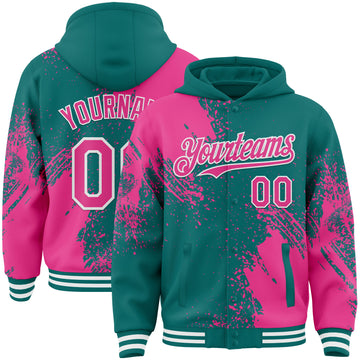Custom Teal Pink-White Abstract Brush Stroke 3D Pattern Design Bomber Full-Snap Varsity Letterman Hoodie Jacket