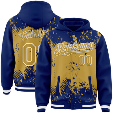 Custom Royal Old Gold-White Splash Art 3D Pattern Design Bomber Full-Snap Varsity Letterman Hoodie Jacket