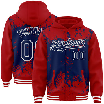 Custom Red Navy-White Splash Art 3D Pattern Design Bomber Full-Snap Varsity Letterman Hoodie Jacket