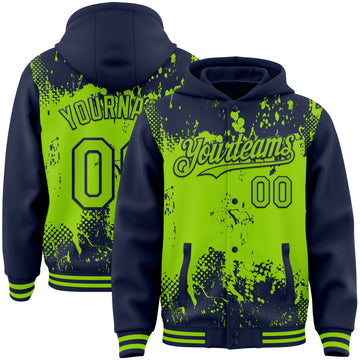 Custom Navy Neon Green Splash Art 3D Pattern Design Bomber Full-Snap Varsity Letterman Hoodie Jacket