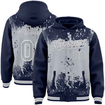 Custom Navy Gray-White Splash Art 3D Pattern Design Bomber Full-Snap Varsity Letterman Hoodie Jacket
