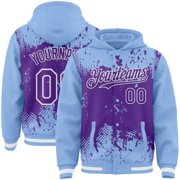 Custom Light Blue Purple-White Splash Art 3D Pattern Design Bomber Full-Snap Varsity Letterman Hoodie Jacket