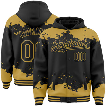 Custom Black Old Gold Splash Art 3D Pattern Design Bomber Full-Snap Varsity Letterman Hoodie Jacket