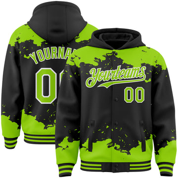 Custom Black Neon Green-White Splash Art 3D Pattern Design Bomber Full-Snap Varsity Letterman Hoodie Jacket