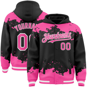 Custom Black Pink-White Splash Art 3D Pattern Design Bomber Full-Snap Varsity Letterman Hoodie Jacket
